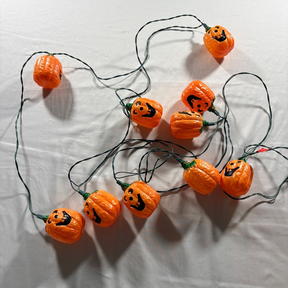 Vintage 1989 Halloween Pumpkin String Lights Blow Mold 10 Count For Parts Repair